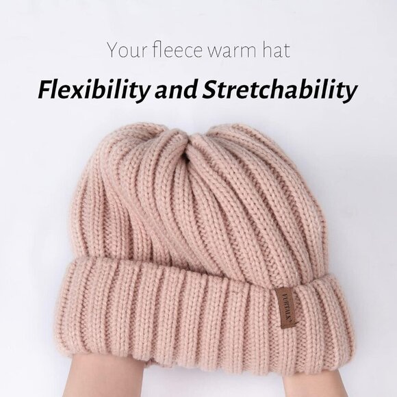 Women’s Light Pink Winter Fleece-Lined Chunky Knit Beanie Snow Hat Cap main image 3